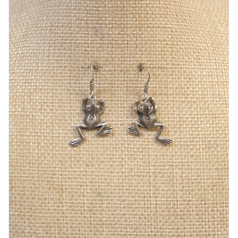 Vintage Sterling Silver Climbing Tree Frog Dangle Earrings 925